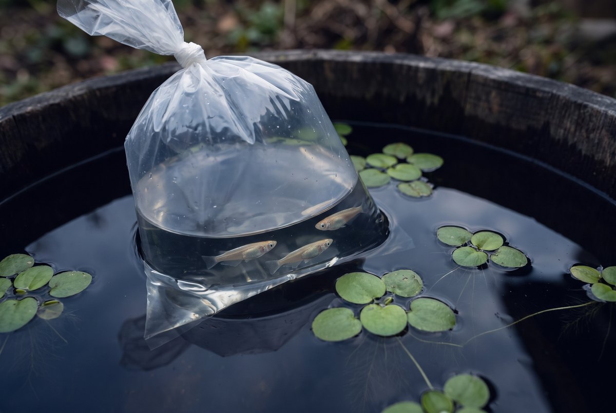 A knotted clear shipping bag holding three small medaka, floating on the dark surface of an
        outdoor tub with frogbit around it