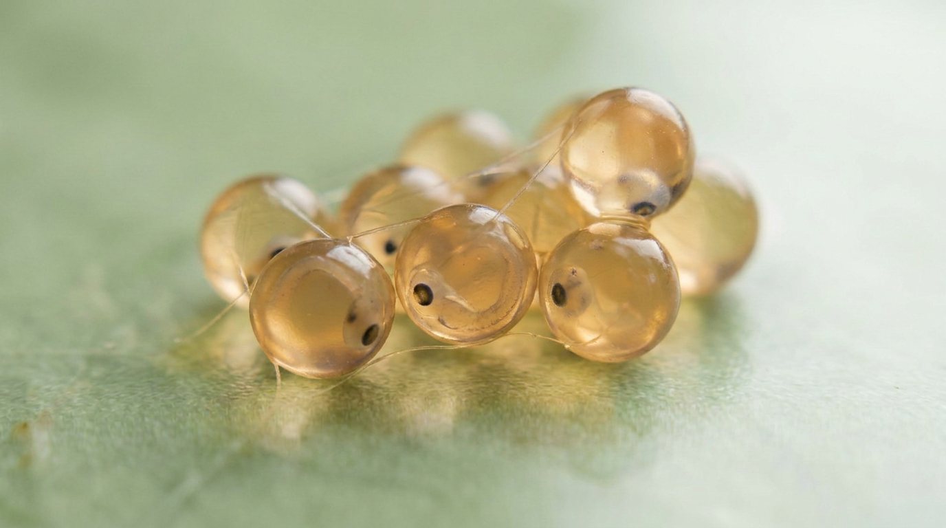 Macro view of transparent medaka eggs with developing embryos, dark eyes visible through the clear shells