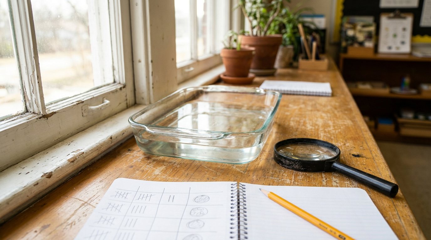 A classroom windowsill science station: a shallow glass dish of water, a hand lens, and an open observation notebook with a tally chart
