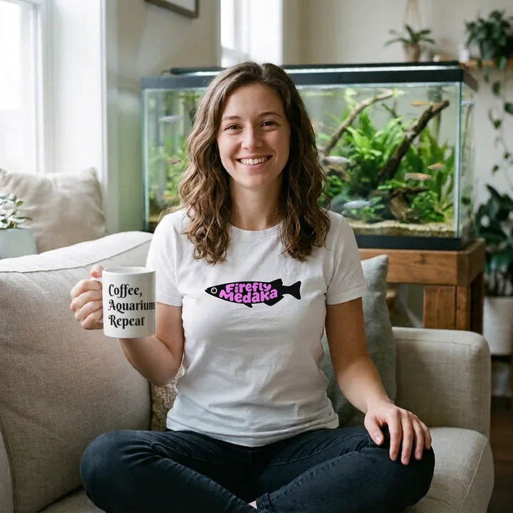 A smiling woman on a sofa in the white Firefly Medaka logo tee, holding the Coffee, Aquariums, Repeat mug, with a planted aquarium of medaka behind her