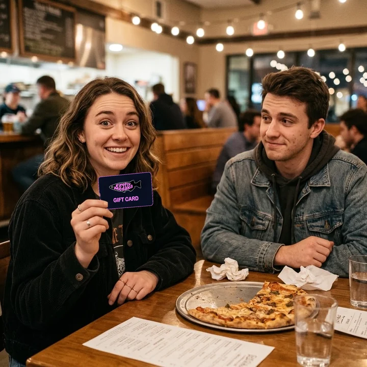 A college couple on a first date at a pizza place; she holds up a Firefly Medaka gift card, delighted.