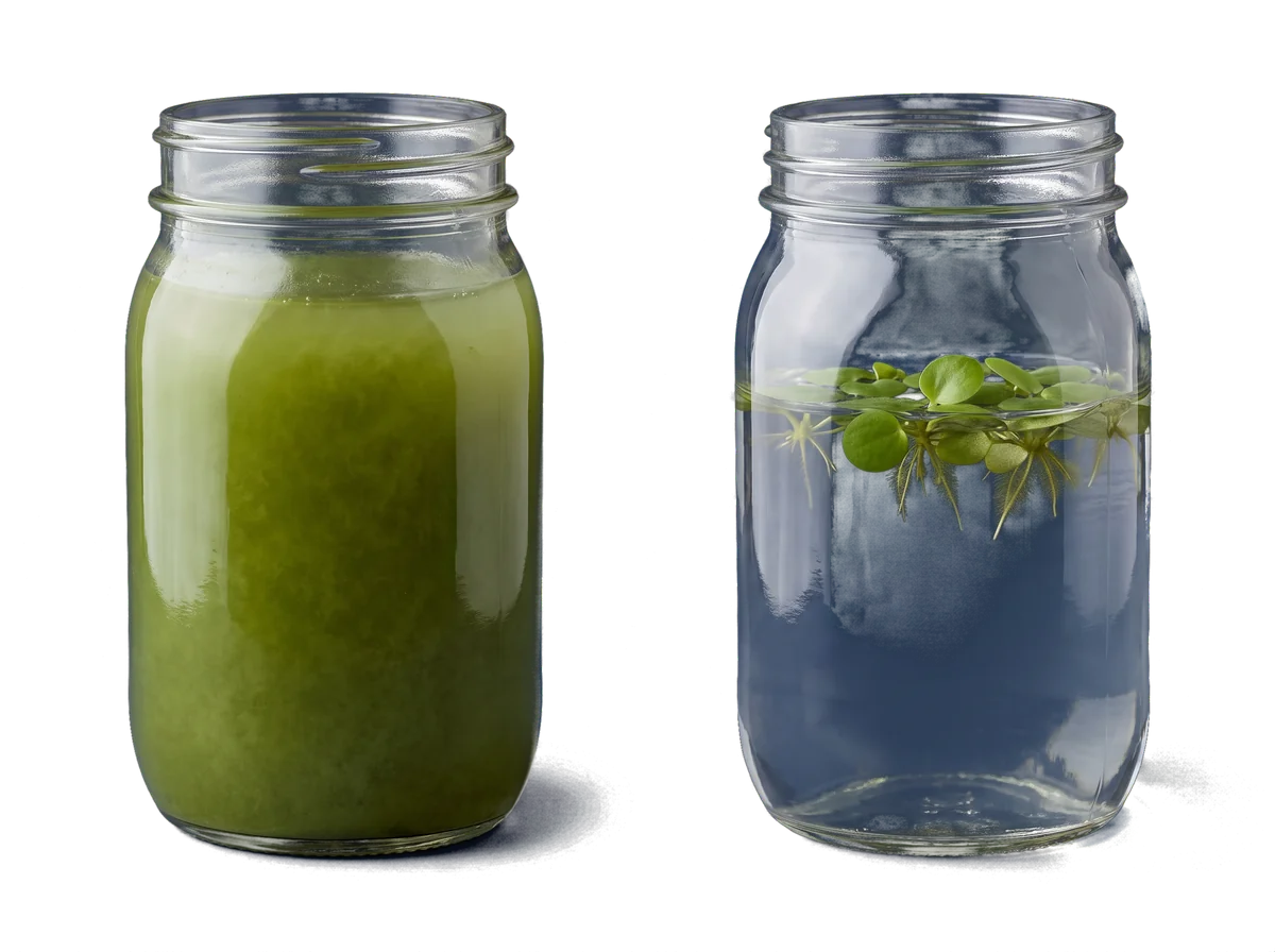 Two jars side by side: one full of opaque green water from an algae bloom, one crystal clear
        with floating plants on the surface