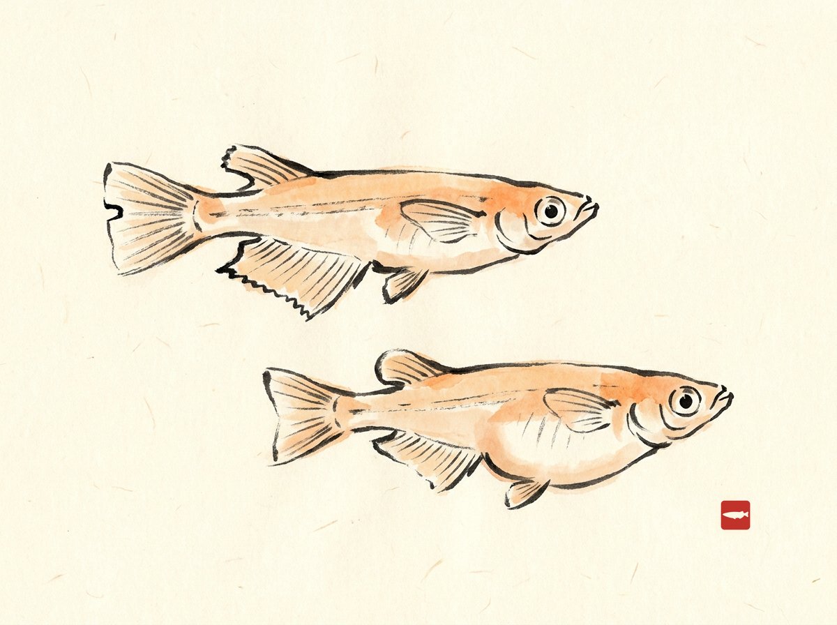 Ink-wash illustration comparing a male medaka with notched dorsal and large jagged anal fin to a rounder female with smaller rounded fins