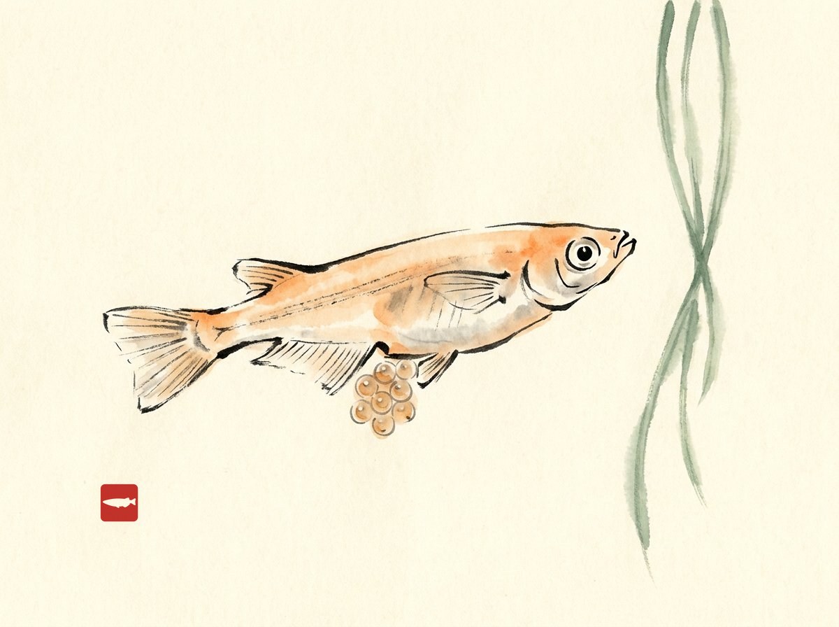 Ink-wash illustration of a female medaka carrying a cluster of amber eggs at her vent beside spawning mop strands