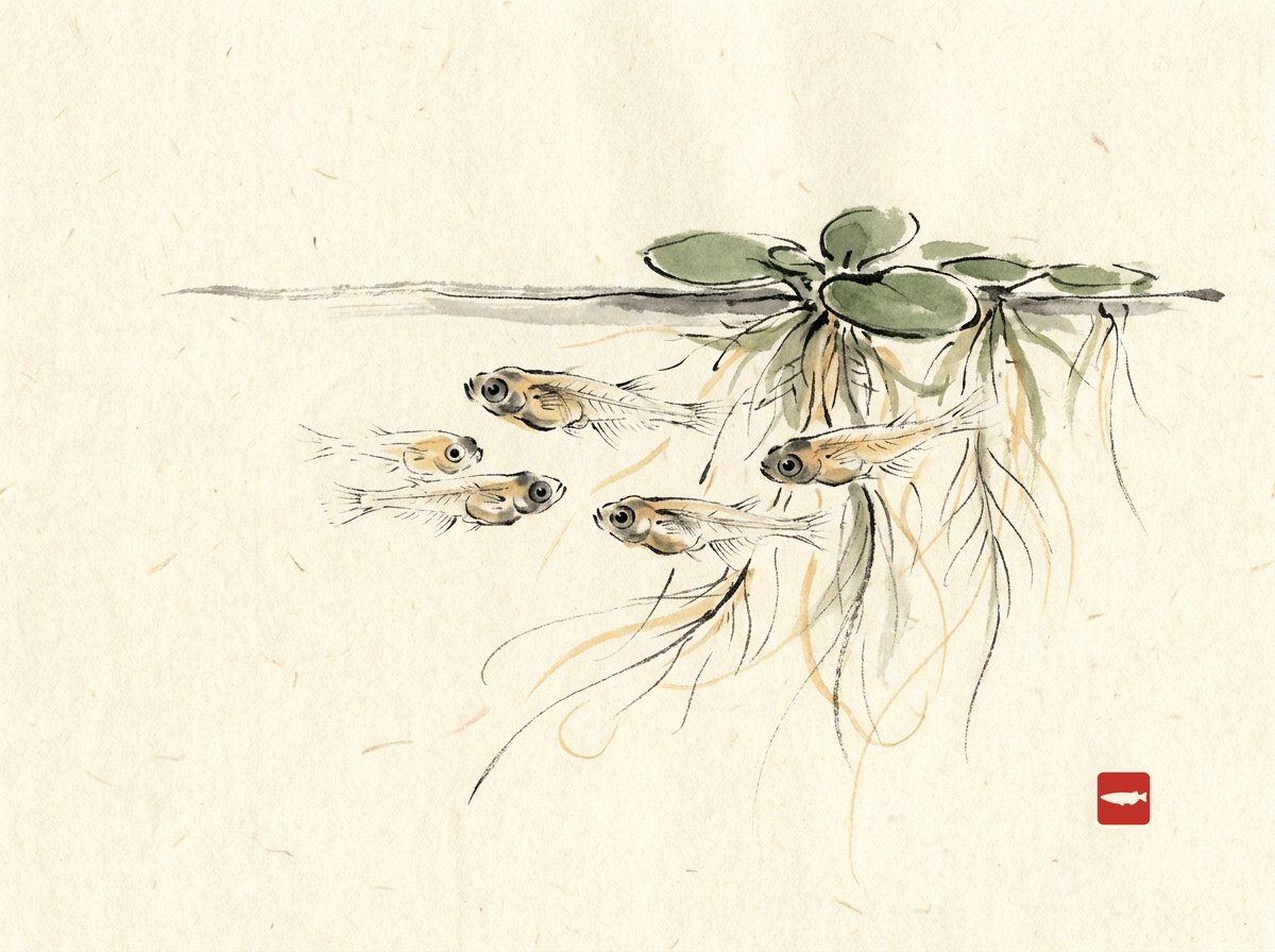 Ink-wash illustration of tiny big-eyed medaka fry hovering among the hanging roots of floating plants