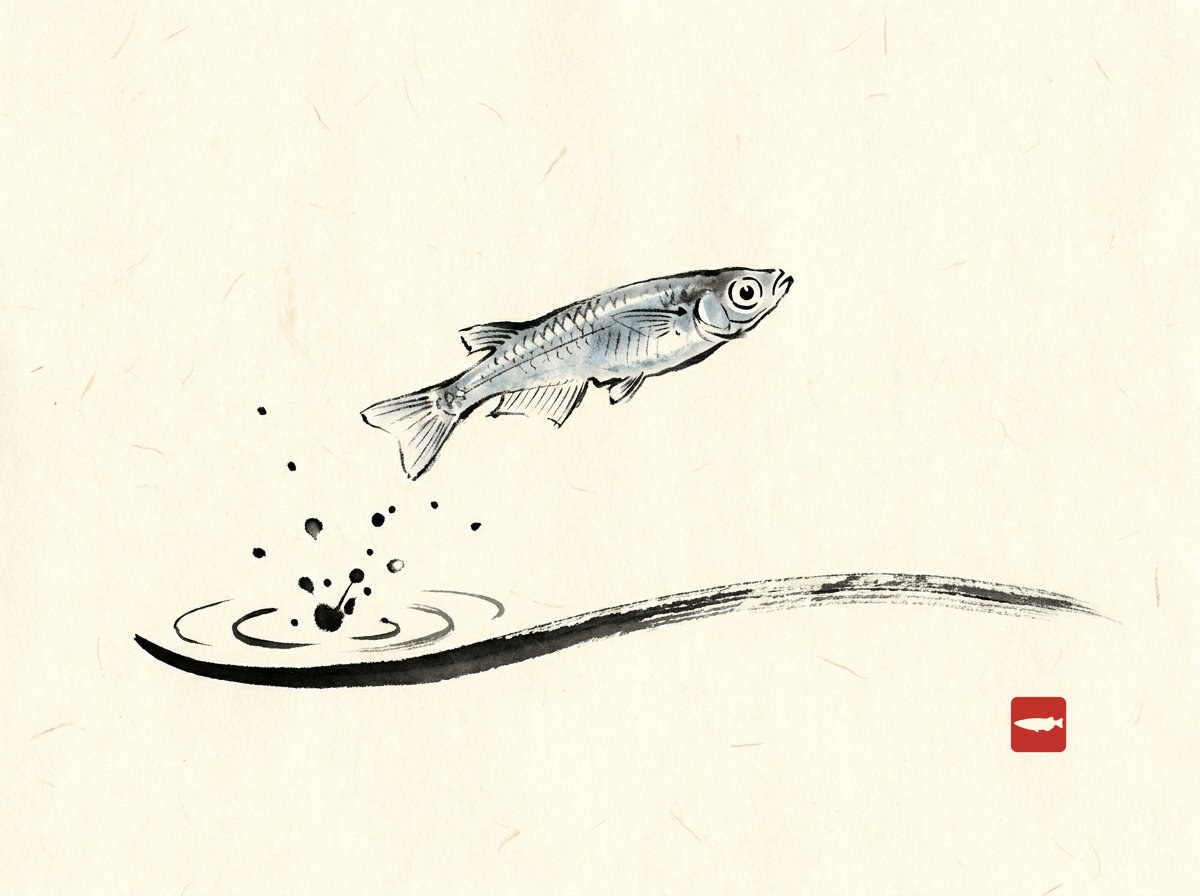 Ink-wash illustration of a single medaka leaping above the water surface with a small splash