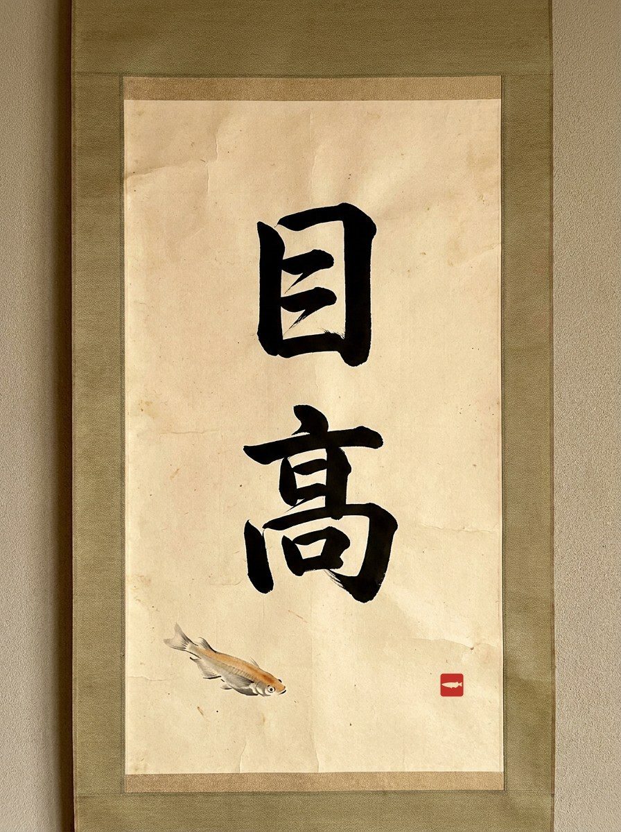 Illustration of a Japanese hanging scroll with 目高 brushed vertically in sumi ink, a small orange medaka painted beneath, and a red seal
