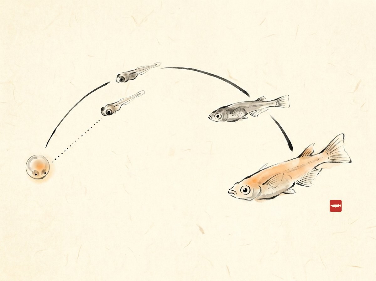 Ink-wash illustration of the medaka life cycle from eyed egg to fry to juvenile to adult