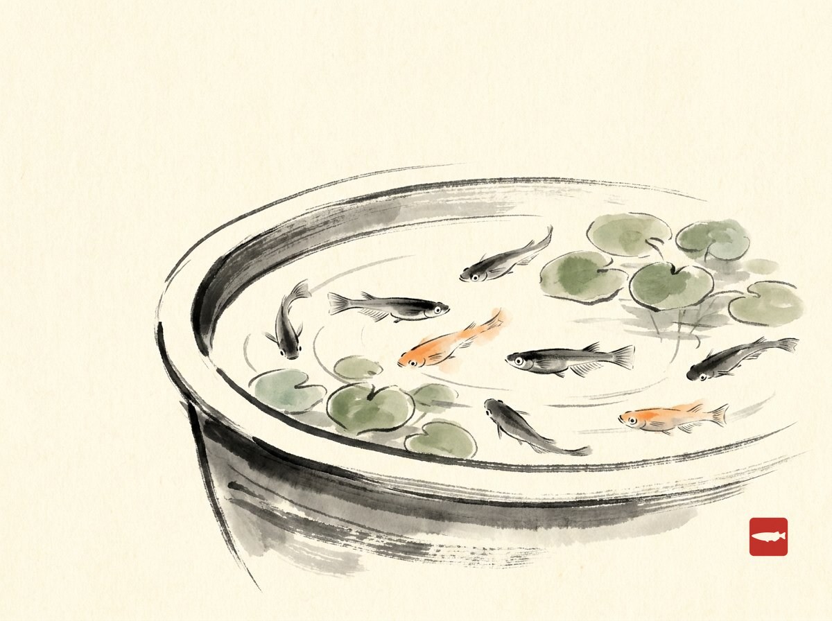 Ink-wash illustration of a ceramic pot pond with medaka swimming among floating plants