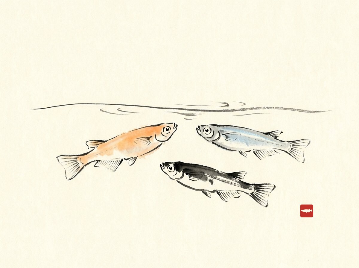 Ink-wash illustration of three medaka rice fish in orange, blue-silver, and black swimming below the surface