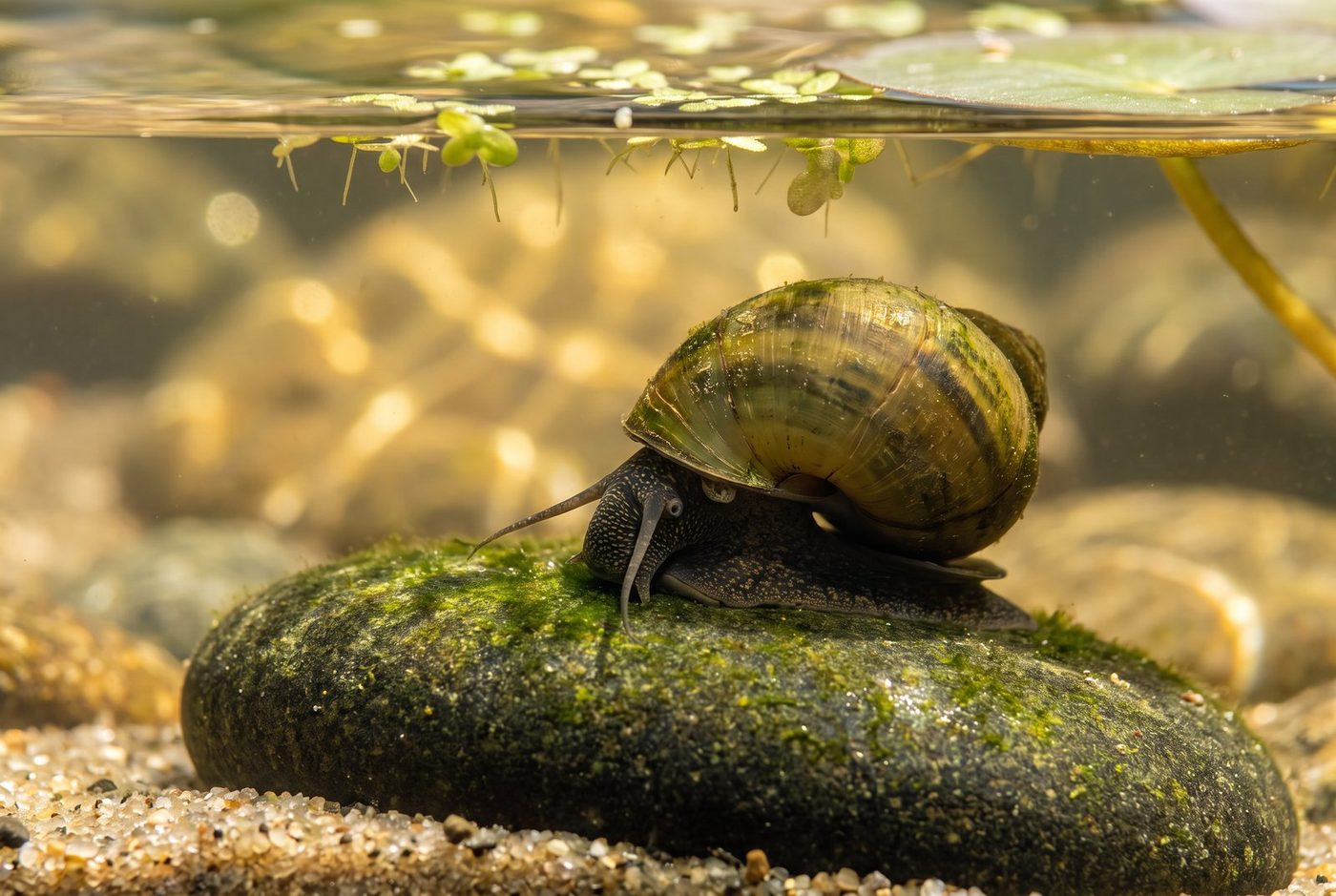 A Japanese Trapdoor Snail with its broad rounded shell grazing an algae-covered stone in a sunlit pond