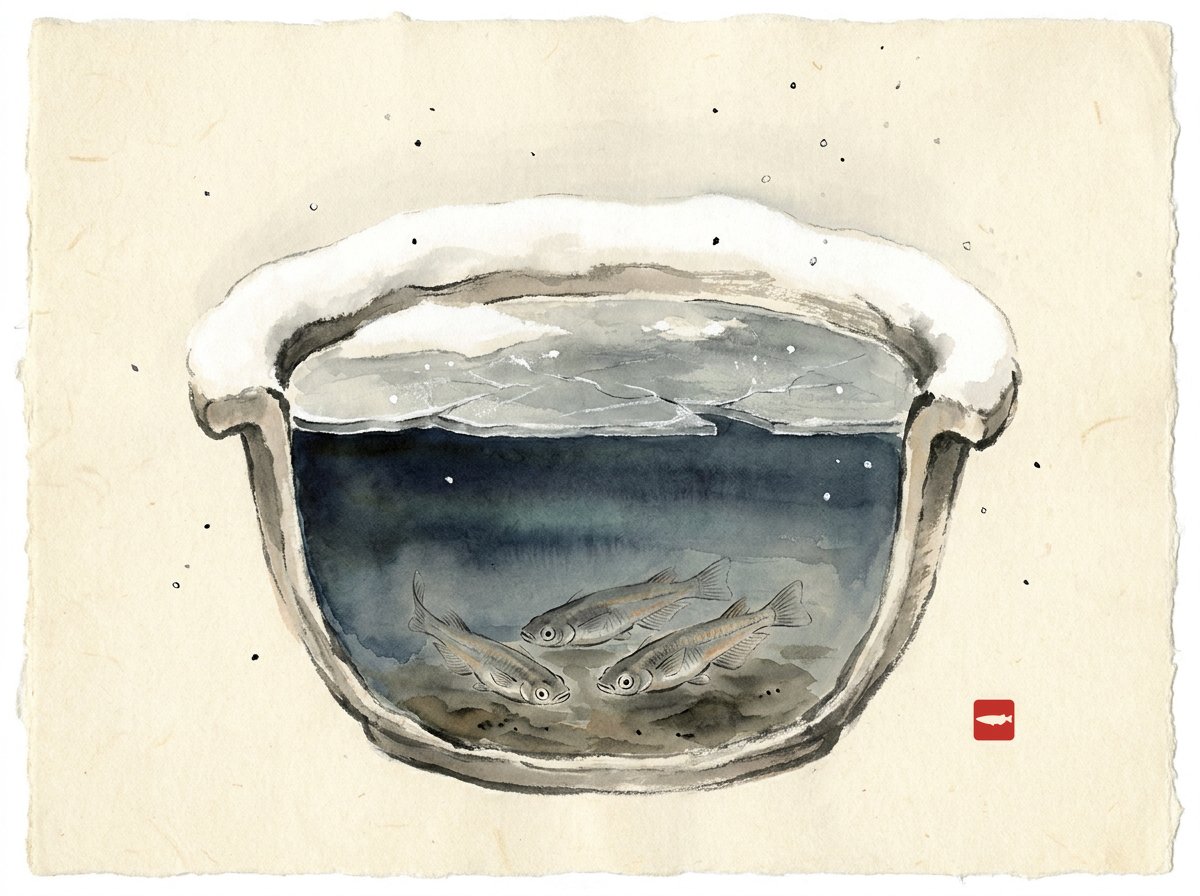 Ink-wash illustration of a snow-capped pot pond with medaka resting calmly near the bottom under a skin of ice