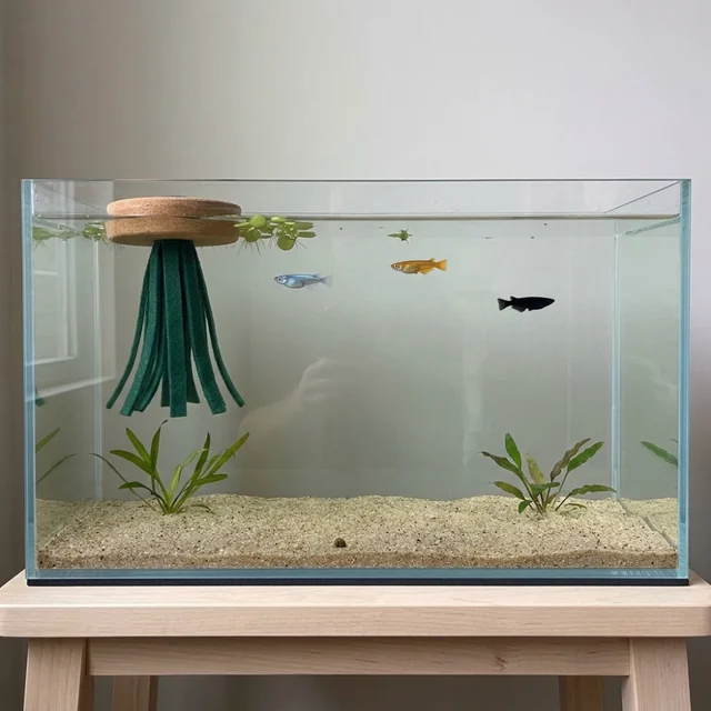 Three medaka, a floating spawning mop, floating plants, and a baby trapdoor snail in a planted tank