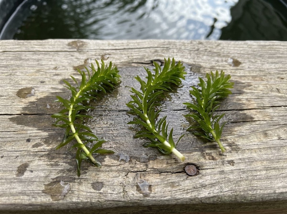 Three cut stems of anacharis (Egeria densa), small bright green leaves in whorls along each stem, lying wet on a weathered wooden deck board with a patio tub of water behind