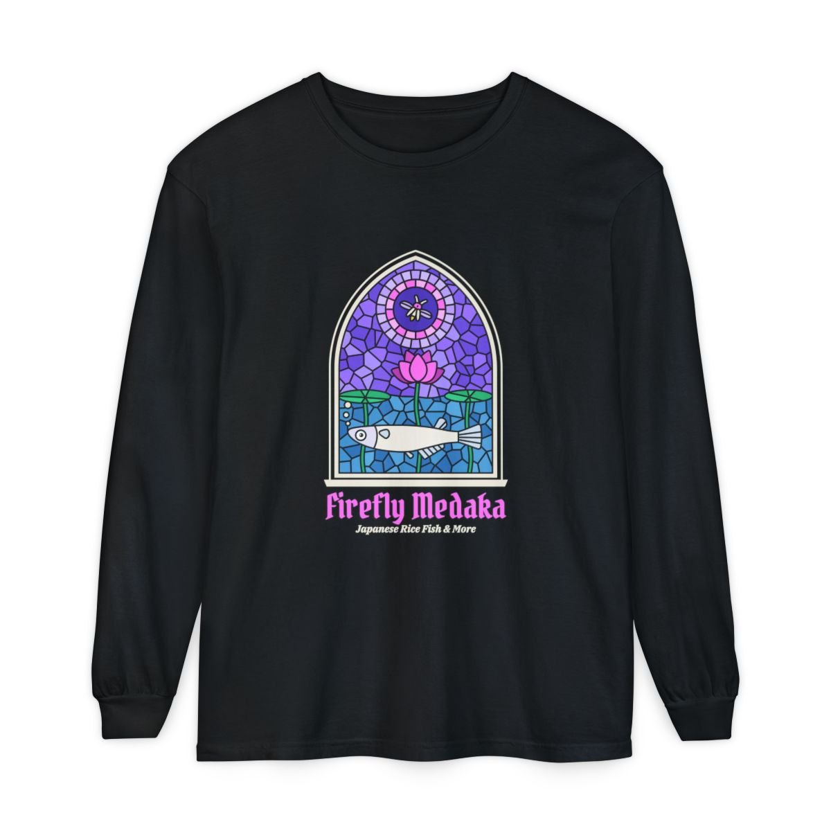 Cathedral Pond stained glass medaka long sleeve tee in Black, front view with a gothic lancet window, a medaka, a lotus, and a glass firefly