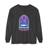 Cathedral Pond stained glass medaka long sleeve tee in Graphite, front view with a gothic lancet window, a medaka, a lotus, and a glass firefly