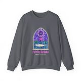 Cathedral Pond stained glass medaka crewneck sweatshirt in Charcoal, front view with a gothic lancet window, a medaka, a lotus, and a glass firefly