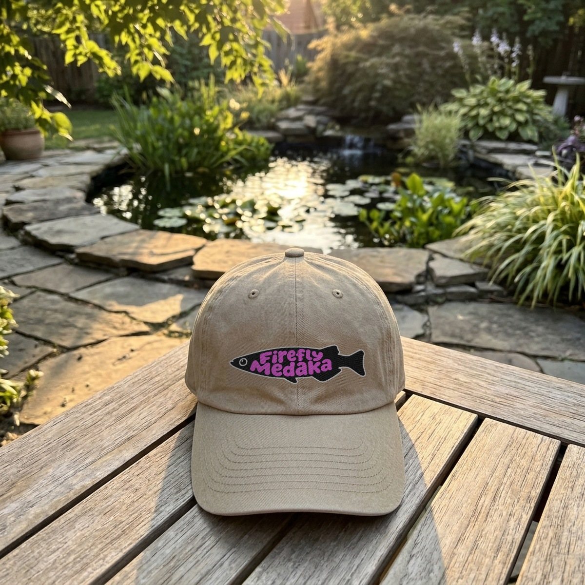 Firefly Medaka logo '47 Clean Up cap in khaki on a teak patio table beside a stone-edged backyard pond with lily pads