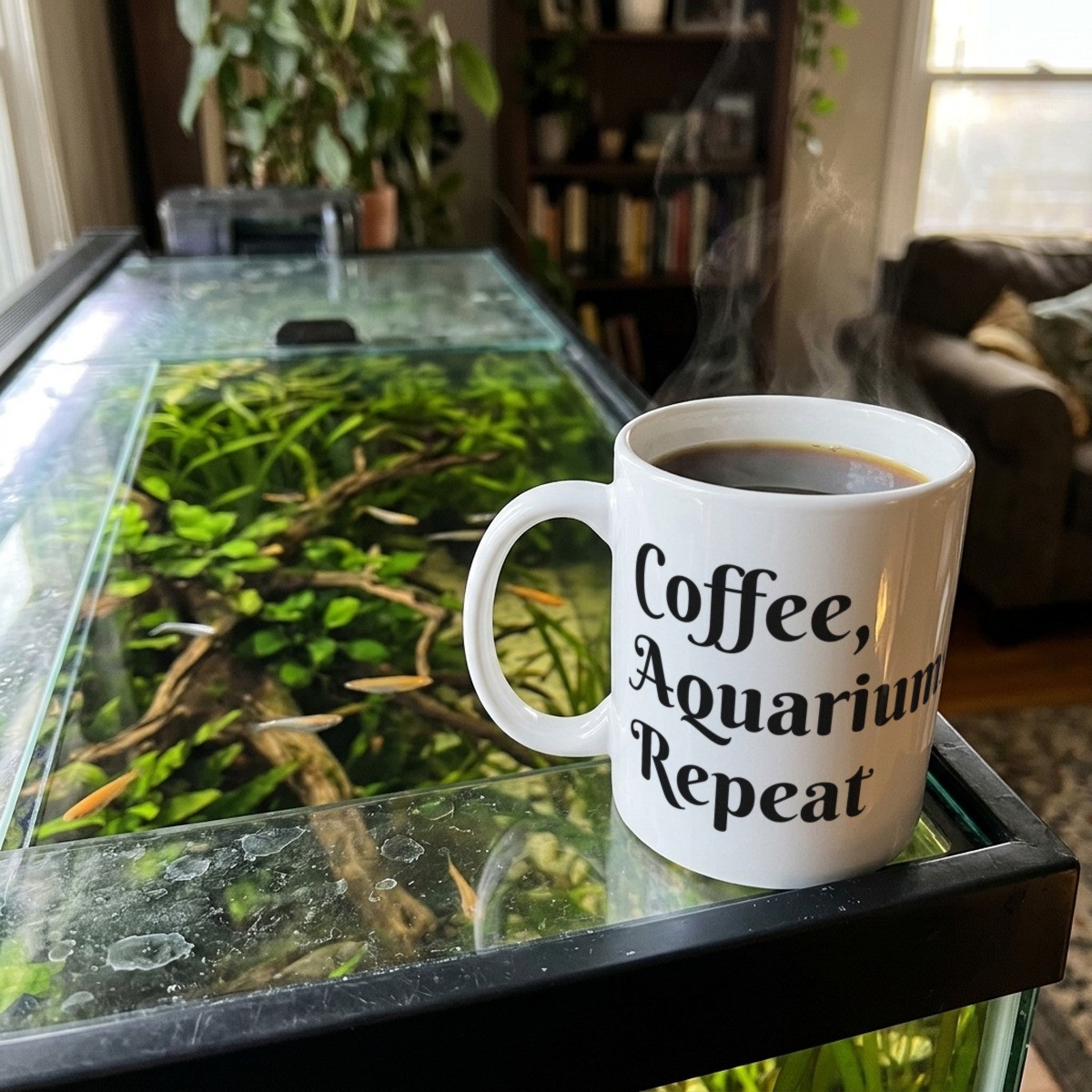 Coffee, Aquariums, Repeat white ceramic mug of hot coffee resting on the glass lid of a large planted aquarium with medaka rice fish