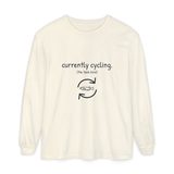 Currently cycling (the tank kind) long sleeve tee in Ivory, front view with the navy cycle arrows and doodle medaka print