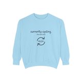 Currently cycling (the tank kind) premium crewneck sweatshirt in Chambray, front view with the navy cycle arrows and doodle medaka print