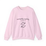 Currently cycling (the tank kind) crewneck sweatshirt in Light Pink, front view with the navy cycle arrows and doodle medaka print