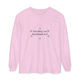 Everything I own has duckweed on it long sleeve tee in Blossom, front view with the six green duckweed plants around the navy words