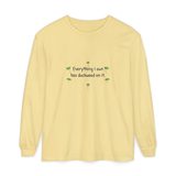 Everything I own has duckweed on it long sleeve tee in Butter, front view with the six green duckweed plants around the navy words