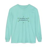 Everything I own has duckweed on it long sleeve tee in Chalky Mint, front view with the six green duckweed plants around the navy words