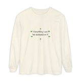 Everything I own has duckweed on it long sleeve tee in Ivory, front view with the six green duckweed plants around the navy words