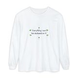 Everything I own has duckweed on it long sleeve tee in White, front view with the six green duckweed plants around the navy words