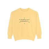 Everything I own has duckweed on it premium crewneck sweatshirt in Butter, front view with the six green duckweed plants around the navy words