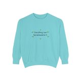 Everything I own has duckweed on it premium crewneck sweatshirt in Chalky Mint, front view with the six green duckweed plants around the navy words