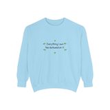Everything I own has duckweed on it premium crewneck sweatshirt in Chambray, front view with the six green duckweed plants around the navy words