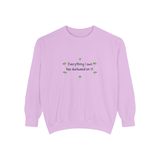 Everything I own has duckweed on it premium crewneck sweatshirt in Orchid, front view with the six green duckweed plants around the navy words