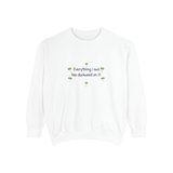 Everything I own has duckweed on it premium crewneck sweatshirt in White, front view with the six green duckweed plants around the navy words