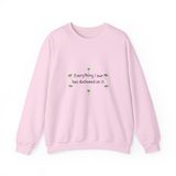 Everything I own has duckweed on it crewneck sweatshirt in Light Pink, front view with the six green duckweed plants around the navy words