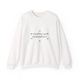 Everything I own has duckweed on it crewneck sweatshirt in White, front view with the six green duckweed plants around the navy words