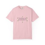Everything I own has duckweed on it t-shirt in Blossom, front view with the six green duckweed plants around the navy words