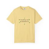 Everything I own has duckweed on it t-shirt in Butter, front view with the six green duckweed plants around the navy words