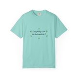 Everything I own has duckweed on it t-shirt in Chalky Mint, front view with the six green duckweed plants around the navy words