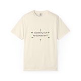 Everything I own has duckweed on it t-shirt in Ivory, front view with the six green duckweed plants around the navy words