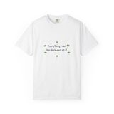 Everything I own has duckweed on it t-shirt in White, front view with the six green duckweed plants around the navy words