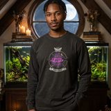Man with short twists wearing the Nocturne logo long sleeve tee in Black, in an attic study with a round moonlit window and a planted aquarium