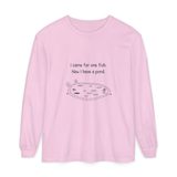 I came for one fish, now I have a pond long sleeve tee in Blossom, front view with the navy hand-drawn pond and six medaka