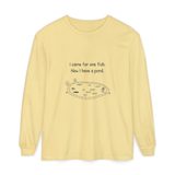 I came for one fish, now I have a pond long sleeve tee in Butter, front view with the navy hand-drawn pond and six medaka