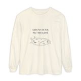 I came for one fish, now I have a pond long sleeve tee in Ivory, front view with the navy hand-drawn pond and six medaka