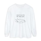 I came for one fish, now I have a pond long sleeve tee in White, front view with the navy hand-drawn pond and six medaka