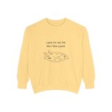 I came for one fish, now I have a pond premium crewneck sweatshirt in Butter, front view with the navy hand-drawn pond and six medaka