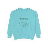 I came for one fish, now I have a pond premium crewneck sweatshirt in Chalky Mint, front view with the navy hand-drawn pond and six medaka